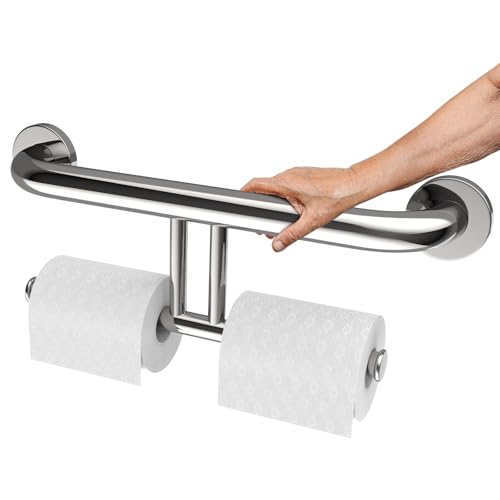 Polished Chrome Grab Bar for Bathroom 17 Inch, Zepolu Stainless Steel 2-in-1 Safety Handrail w/Double Toilet Paper Holder, Wall Mounted Balanced Support Bar Assist Handle for Senior Elderly Handicap - color: Chrome, size: 17 inch