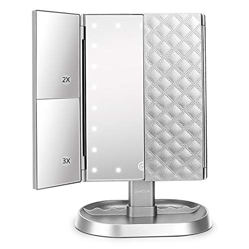 Trifold Lighted Vanity Makeup Mirror with 21 LED Lights,1/2/3 Magnification and Dimming,Two Power Supplies Makeup Mirror,Gift for Women - color: Silver