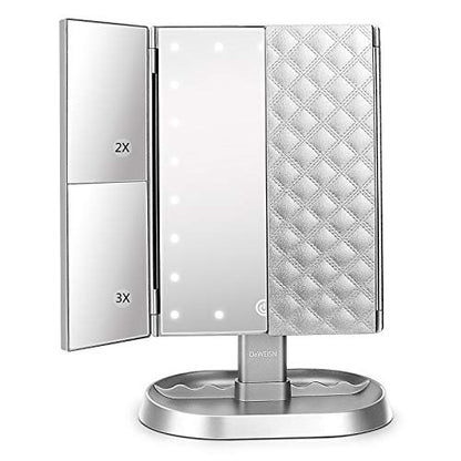 Trifold Lighted Vanity Makeup Mirror with 21 LED Lights,1/2/3 Magnification and Dimming,Two Power Supplies Makeup Mirror,Gift for Women - color: Silver