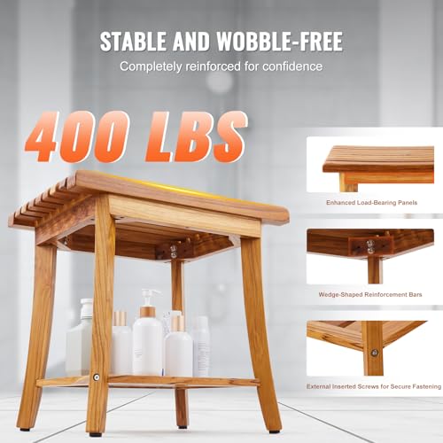 VEVOR Teak Shower Bench, 20in Waterproof Wood Shower Stool with Storage Shelf Non-Slip Foot Pads, 400 lbs Load Capacity Shower Chair Seat, for Bathroom Indoor and Outdoor Use - size: 20in