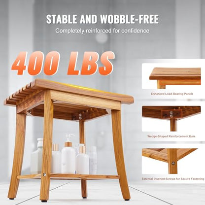 VEVOR Teak Shower Bench, 20in Waterproof Wood Shower Stool with Storage Shelf Non-Slip Foot Pads, 400 lbs Load Capacity Shower Chair Seat, for Bathroom Indoor and Outdoor Use - size: 20in