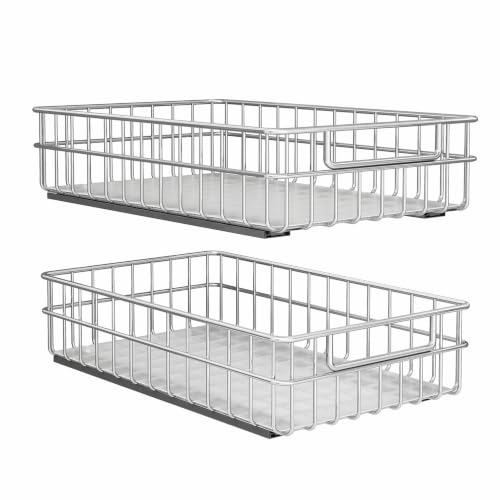 Pull out Cabinet Organizer, Stainless Steel 2-Pack (11.8"W x 21"D) Full-Extension Slide out Drawer, Adhesive Roll out Can Spice Storage Basket Shelf Rack for Pantry, Kitchen, Bathroom, Home Closet - size: (11.8"W x 21"D x 4.7"H)
