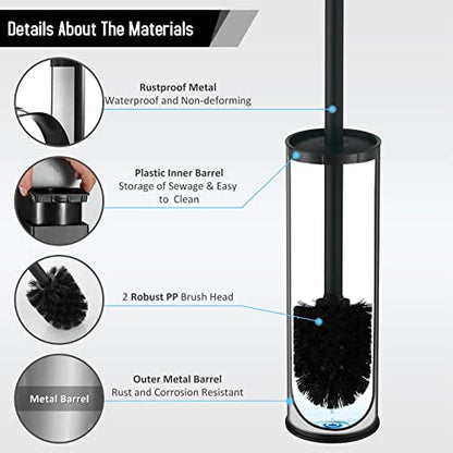 BGL Stainless Steel Toilet Brush with Holder, 2 Black Bristle Heads - color: Matte Black