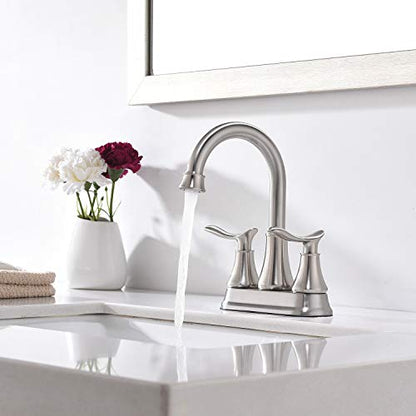 KINGO HOME Modern Brushed Nickel 2-Handle Bathroom Faucet, 4 inch Centerset RV Bathroom Sink Faucet Lavatory Bath Sink Vanity Faucet with Water Supply Lines and Pop Up Drain - color: Brushed Nickel