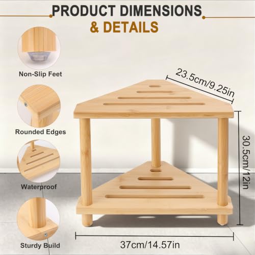 2-Tier Bamboo Corner Shower Caddy, Multifunctional Shower Stool Storage Shelf for Bathroom Kitchen Bedroom