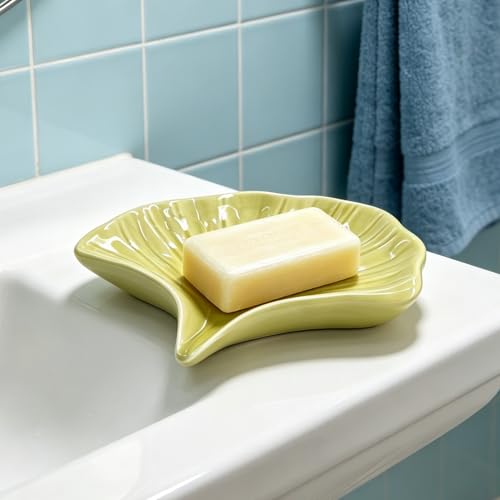 Ceramic Soap Holder, Seashell Self-Draining Soap Tray for Sink, Bathroom, Shower, Small Elegant Glazed Soap Dish, Easy to Clean (Green) - color: Green