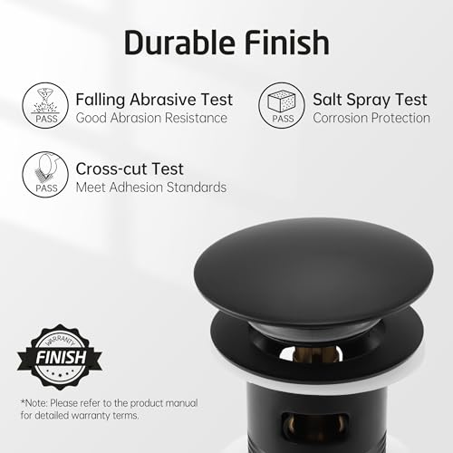 KES Bathroom Sink Drain with Overflow Pop Up Matte Black Brass & Stainless | 304 Stainless Steel & Brass Pop-Up, Rustproof 3-Piece Anti-Leak Seal, Fits 1.6-1.9" Hole, Adapter & PTFE Tape Included - color: Matte Black, style: With Overflow, 1 Pack