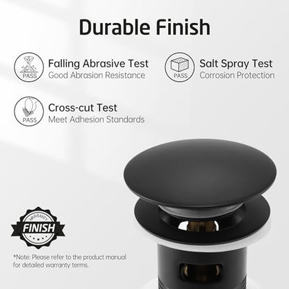KES Bathroom Sink Drain with Overflow Pop Up Matte Black Brass & Stainless | 304 Stainless Steel & Brass Pop-Up, Rustproof 3-Piece Anti-Leak Seal, Fits 1.6-1.9" Hole, Adapter & PTFE Tape Included - color: Matte Black, style: With Overflow, 1 Pack