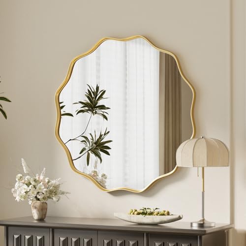 Gold Scalloped Circle Mirror, 20" Wavy Edge Round Wall Mirror | Tempered Glass Textured Circular Metal Deep Frame, Hanging Leaning for Bathroom, Hallway, Entryway, Living Room - color: Gold, size: 20"L x 20"W