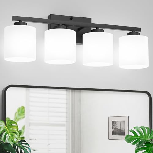 Honesorn 4-Light Vanity Lights, Matte Black Bathroom Light Fixtures | Black Bathroom Vanity Light, Wall Sconces with Milky White Frosted Shades Bedroom,E26 Socket(Bulbs Not Included) - color: Matte Black, size: 4-Light
