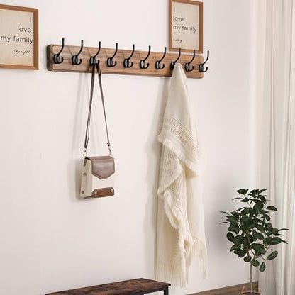 Wall Mounted Coat Rack: 38-1/4" Long, Patented, Heavy-Duty, 10-Double-Hooks Wooden Hanger Rail for Winter Coats, Hats, Jackets, Clothing - Natural & Black, Pack of 2 - color: Natural & Black, size: L=38.3"(2pcs)
