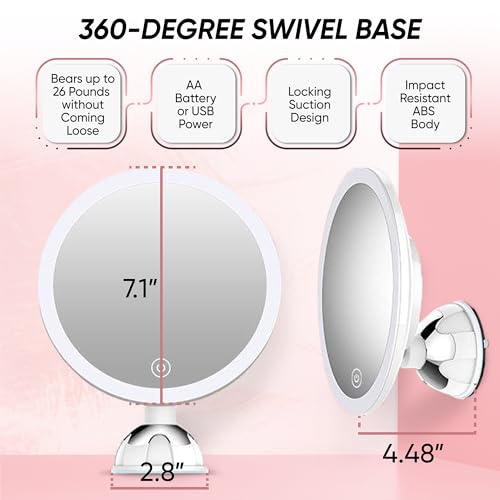 REMIR Vanity Mirror with Lights - 10X Magnifying Makeup Mirror with Suction Cup Base Mounts to Walls, Glass, Doors and Countertops - Smart Touch Control, 3 Dimmable Light Settings and 360 Swivel