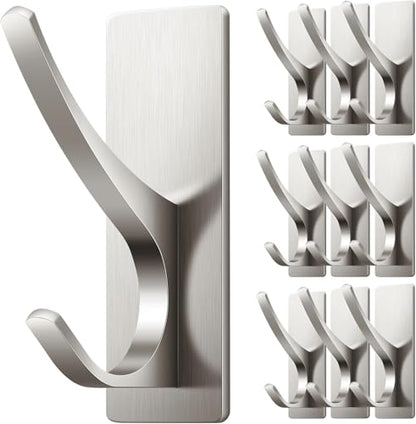 10 Pack Self Adhesive Towel Hooks: Extra Strong 13LB, Stainless Hook for Hanging Loofah, Towels, Coat, Bath Robe Bathroom Shower, Brushed Nickel - color: Brushed Nickel, size: 10 Pack