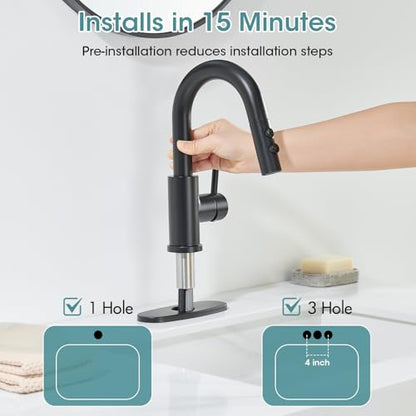 Black Bathroom Faucet with Pull Down Sprayer, 2 Flow Modes | Modern Stainless Steel Bathroom Sink Faucet with Pop-up Drain and Hoses, RV & Outdoor Basins, for 1 or 3 Hole - color: Matte Black