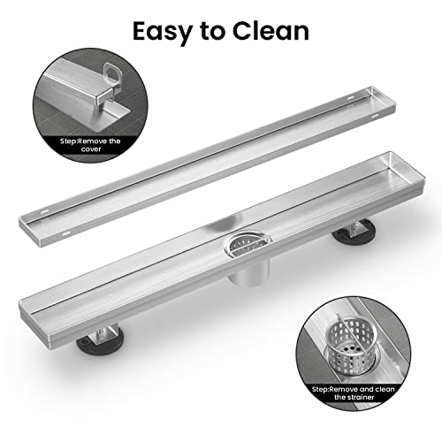 EXF Linear Shower Drain 30 Inch Brushed Nickel withTile Insert Grate | 304 Stainless Steel, V-Slope Design, Debris Strainer, Seamless, Adjustable Height - color: Brushed Steel, size: 30 IN