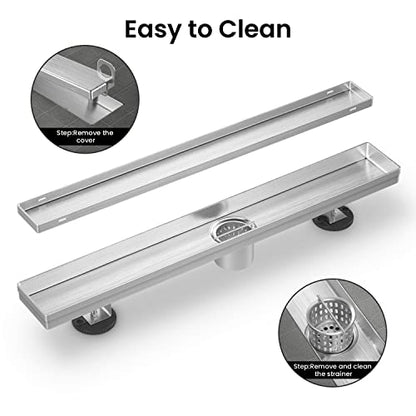 EXF Linear Shower Drain 30 Inch Brushed Nickel withTile Insert Grate | 304 Stainless Steel, V-Slope Design, Debris Strainer, Seamless, Adjustable Height - color: Brushed Steel, size: 30 IN