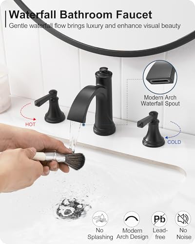 Matte Black Bathroom Faucet 3 Hole, Brass Bathroom Waterfall Faucet, 4-16 Inch Bathroom Sink Faucets, 2 Handle Widespread Faucet for Bathroom Sink with Water Supply Hoses, Pop-Up Drain - color: Matte Black