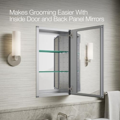 Kohler CB-CLC1526FS Frameless Bathroom Mirror Medicine Cabinet, Single Door, Rectangular Beveled Edge Frame, Bathroom Cabinet Mirror, Adjustable Shelves, 15 in. W x 26 in. H