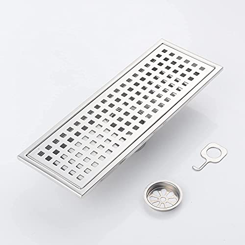 12 Inch Rectangular Shower Floor Drain, Detachable to Insert The Mesh Grille Cover, SUS304 Stainless Steel, Brushed Nickel - color: Brushed Nickel