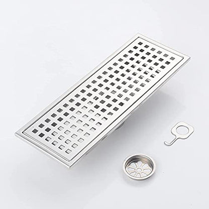 12 Inch Rectangular Shower Floor Drain, Detachable to Insert The Mesh Grille Cover, SUS304 Stainless Steel, Brushed Nickel - color: Brushed Nickel