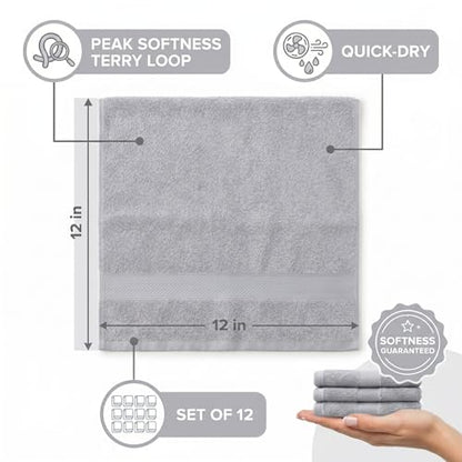 Sofea 100% Cotton Washcloths Set of 12, (12 x 12 Inch) 520 GSM Wash Cloths, Extra Soft Absorbent Quick Dry Face Towels - color: Light Grey