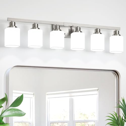 6-Light Bathroom Vanity Light,Brushed Nickel Vanity Lights with Square Frosted Glass,Modern Bathroom Wall Lights Fixtures Over Mirror,Wall Sconces Lighting for Bedroom Living Room,E26 - color: Nickel, size: 6-Light