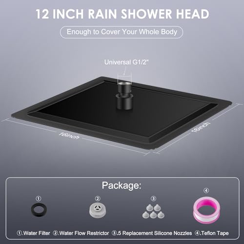 12 inch Matte Black Rain Shower Head - All Metal 304 Stainless Steel, Full Body Rainfall Shower with 144 Silicone Nozzles - Square Showerheads Ceiling or Wall Mount Modern Bathroom - color: B-Matte Black, size: 12 Inch Square