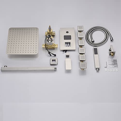 Cascada Digital 12” Wall Mounted Shower System with Single Handle & LCD Display, 3 Functions (Rainfall, Body jets & Handheld) (Brushed Nickel) - color: Brushed Nickel