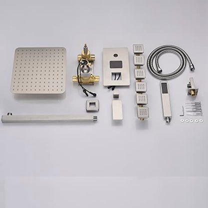 Cascada Digital 12” Wall Mounted Shower System with Single Handle & LCD Display, 3 Functions (Rainfall, Body jets & Handheld) (Brushed Nickel) - color: Brushed Nickel