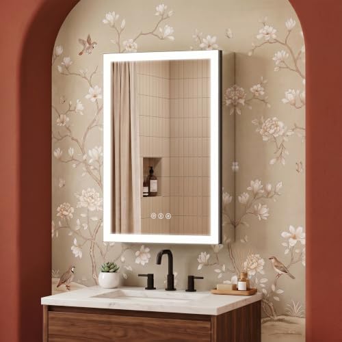 16x24 Mirror Medicine Cabinet with Lights, Black Aluminum Frame, Hardwired, Recessed or Wall Mount, Defog, 3-Color Dimmable Lights, USB-C & USB-A + 2 Outlets, 2 Shelves, Left Hinged - size: 16x24(L)