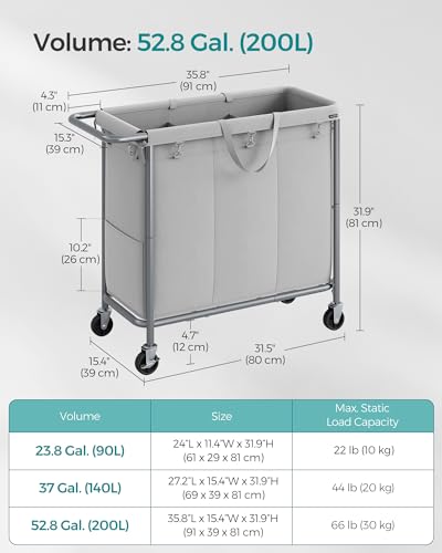 SONGMICS Laundry Basket with Wheels, 3-Section Rolling Laundry Hamper, 52.8 Gallons (200 L), Removable Liner, Steel Frame with Handle, 35.8 x 15.4 x 31.9 Inches, Dove Gray URLS005G01 - color: Dove Gray, size: 200 L (3-Section)