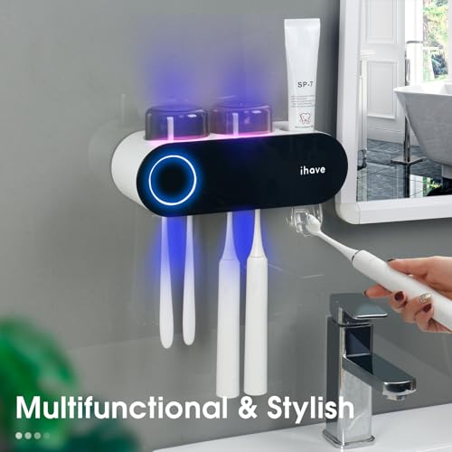 iHave UV Toothbrush Sanitizer Holder Wall Mount Toothpaste Dispenser, 2-Cup | Auto-Cycle Disinfection Toothbrush Holders for Bathrooms with UV Toothbrush Sanitizer & Toothpaste Dispenser, Breathing Light - color: Uv Black 2 Cups