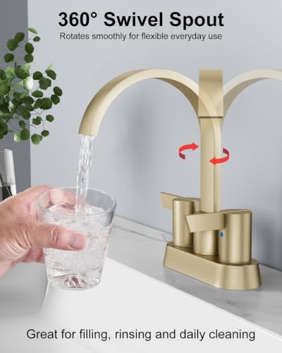 Brushed Gold Bathroom Faucet,4 Inch Centerset 2-Handle Waterfall | Includes Pop-Up Drain,24-Inch Supply Lines,Mounting Hardware,SUS304 Stainless Steel Construction,And A 360° Swivel Spout - color: Brushed Gold