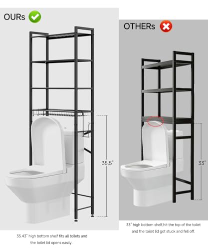 Over the Toilet Storage Rack,4-Tier Adjustable Bathroom Organizer Over Toilet with Storage Basket & 4 Hooks,Space Saving Shelf for Washer & Mini Fridge,Rustproof,Black Metal