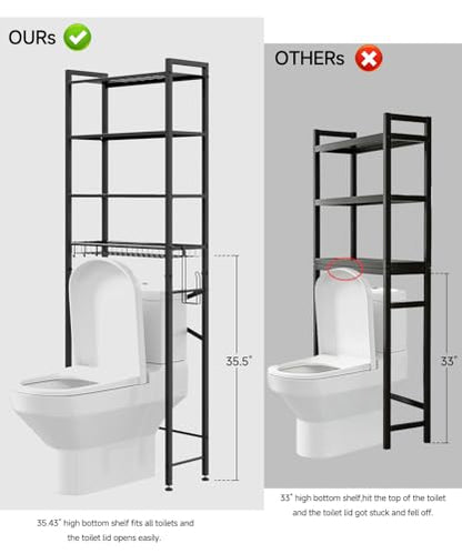 Over the Toilet Storage Rack,4-Tier Adjustable Bathroom Organizer Over Toilet with Storage Basket & 4 Hooks,Space Saving Shelf for Washer & Mini Fridge,Rustproof,Black Metal