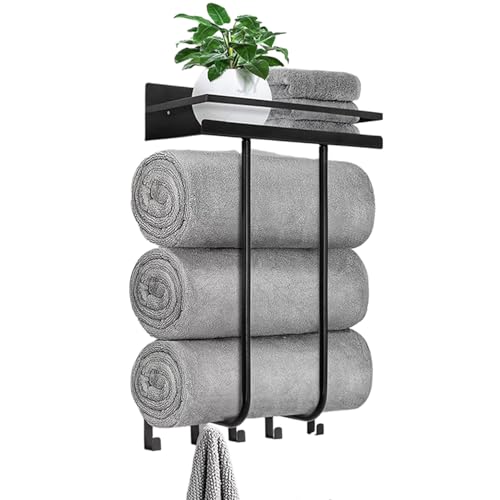 Wall Mounted Bathroom Towel Storage Rack with Shelf and 5 Hooks, Black | Holds 3 Large Towels, Stainless Steel, For Rolled Towels, For Bath Towels