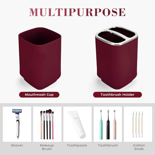 4Pcs Burgundy Bathroom Set, Square Boho Soap & Toothbrush Holder Set | Thick shatterproof ABS, electroplated rust-proof pump, drip-free, multi-slot holder, dustproof lids, easy-clean - color: Burgundy, size: 4PCS