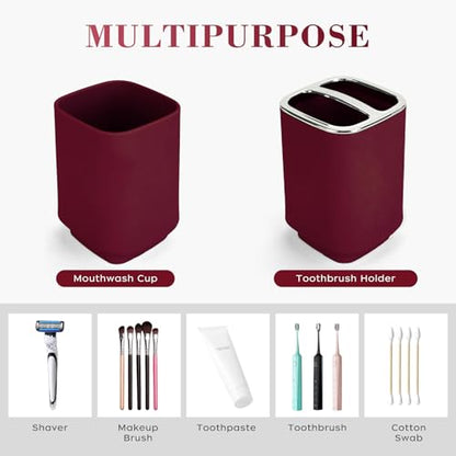 4Pcs Burgundy Bathroom Set, Square Boho Soap & Toothbrush Holder Set | Thick shatterproof ABS, electroplated rust-proof pump, drip-free, multi-slot holder, dustproof lids, easy-clean - color: Burgundy, size: 4PCS