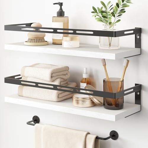 YGEOMER Floating Shelves for Bathroom Organizer Over Toilet, Wall Mounted Bathroom Shelves with Towel Bar, Wall Shelf for Bedroom Kitchen Living Room Storage (White-Black) - color: White-black