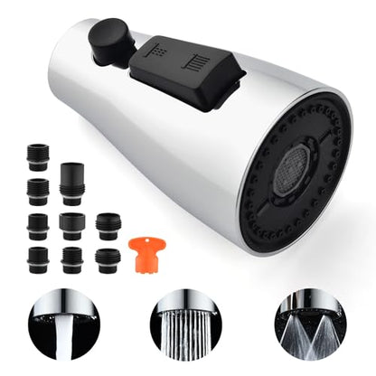 [Upgraded] GORDEE Kitchen Faucet Sprayer Head Replacement, 3-Function(Stream/Spray/Aqua Blade) Sprayer Spout Nozzle w/Check Valve, 1.8 GPM, 9 Adapters to Fit Most Standards of Faucets, Polished Chrome - color: Polished Chrome