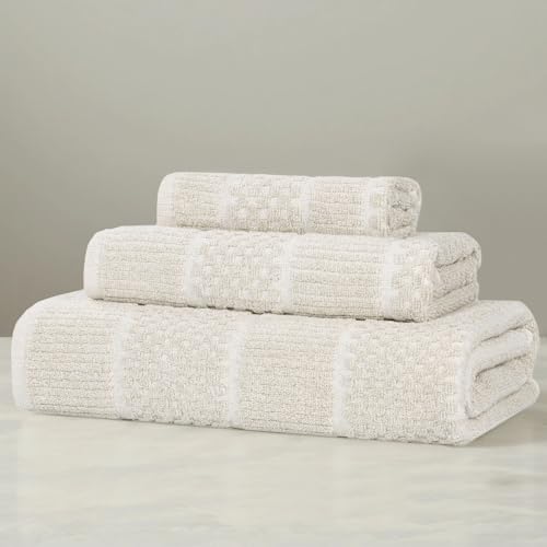Superior Naples Viscose Cotton Blend Medium Weight Towels, for Bathroom, Shower, Spa, Plush, Quick Dry, Ultra-Soft Towels, Bath Essentials, Ribbed Design, 3 Piece Assorted Towel Set, Beige - color: Beige, size: 3 Piece Towel Set