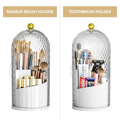 Dustproof Toothbrush Holder with Lid, 360 Rotating Countertop Electric Toothbrush Toothpaste Holders with Cover for Bathroom, 3 Slots Makeup Brush Holder with Lid for Vanity, Clear - color: Dia White