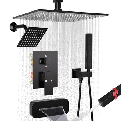 Enga Dual Shower Head System with Tub Spout, Ceiling Mount 10 Inch Shower Head with 6 Inch Wall Mount Shower Head, 4 Way Diverter Shower Faucet with 2 in 1 Handheld, Matte Black - color: Matte Black, style: Tub+10"+6" Head