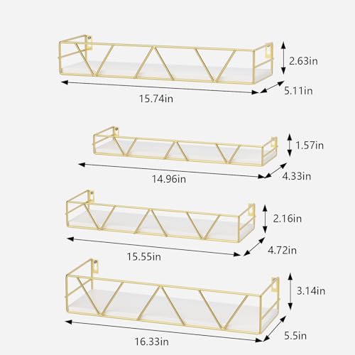 Floating Shelves Set of 4, Wood Wall Shelf, Farmhouse Shelf for Bedroom | Wall Mounted Floating Shelf for Living Room, Bedroom, Bathroom, Kitchen, Office - color: Gold-4pcs