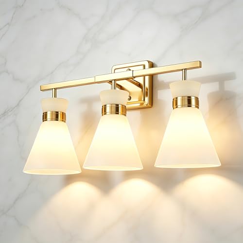 Brushed Gold Bathroom Vanity Lights, 3-Light Bathroom Light fixtures Over Mirror, Modern Vanity Lighting Fixtures with Frosted Glass Shades E26 Base,Wall Mount Scones for Mirror (Bulbs Not Included) - color: Gold