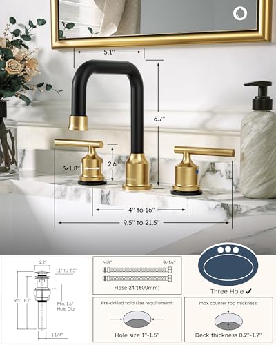 WOWOW Black Gold Bathroom Faucet 3 Hole, Widespread Vanity Sink Faucets | Copper Inlet Faucet for Bathroom Sink with Swivel Spout, 2 Handles Lavatory Tap with Drain and cUPC Supply Line (Set of 2) - color: Black and Gold x 2, style: Upgrade-8 Inch