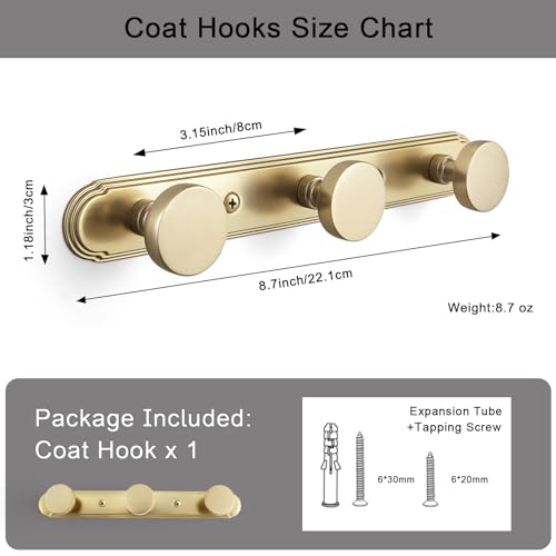 Goo-Ki 1 Pack Champagne Bronze Coat Rack Wall Mount Heavy Duty, Towel Rack Zinc Alloy Coat Hooks Wall Mounted for Hanging Bag Hat Clothes - color: Champagne Bronze, size: 3 Hooks