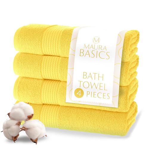 MAURA Basics Performance Bath Towels 100% Turkish Cotton with Hook Loops. Extra Large Luxury Absorbent Plush Towel Sets for Bathroom, Daily Use American Standard Size 27”x54”, Yellow - color: Yellow, size: Bath Towel (4-Pack)