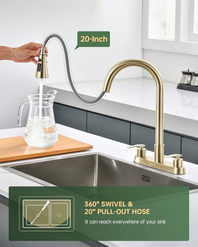 DAYONE 2 Handle Kitchen Faucet with Pull Down Sprayer Brushed Gold, 4 Holes Sink Faucets for Kitchen/RV with Soap Dispenser Stainless Steel - color: Brushed Gold, style: 4 Holes Pull Down