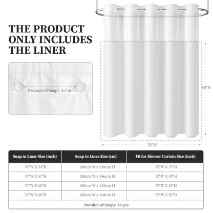 70x60 Waterproof Fabric Snap-in Shower Curtain Liner Replacement White | Machine Washable & Hotel Quality, 1 Pack Detachable Soft Durable Premium Cloth Shower Curtain Liner with 3 Weighted Magnets - size: 70"W x 60"L (Pack of 1)